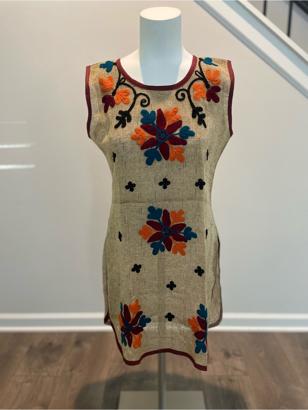 Embroidered Beige Floral Shift Dress - Multi